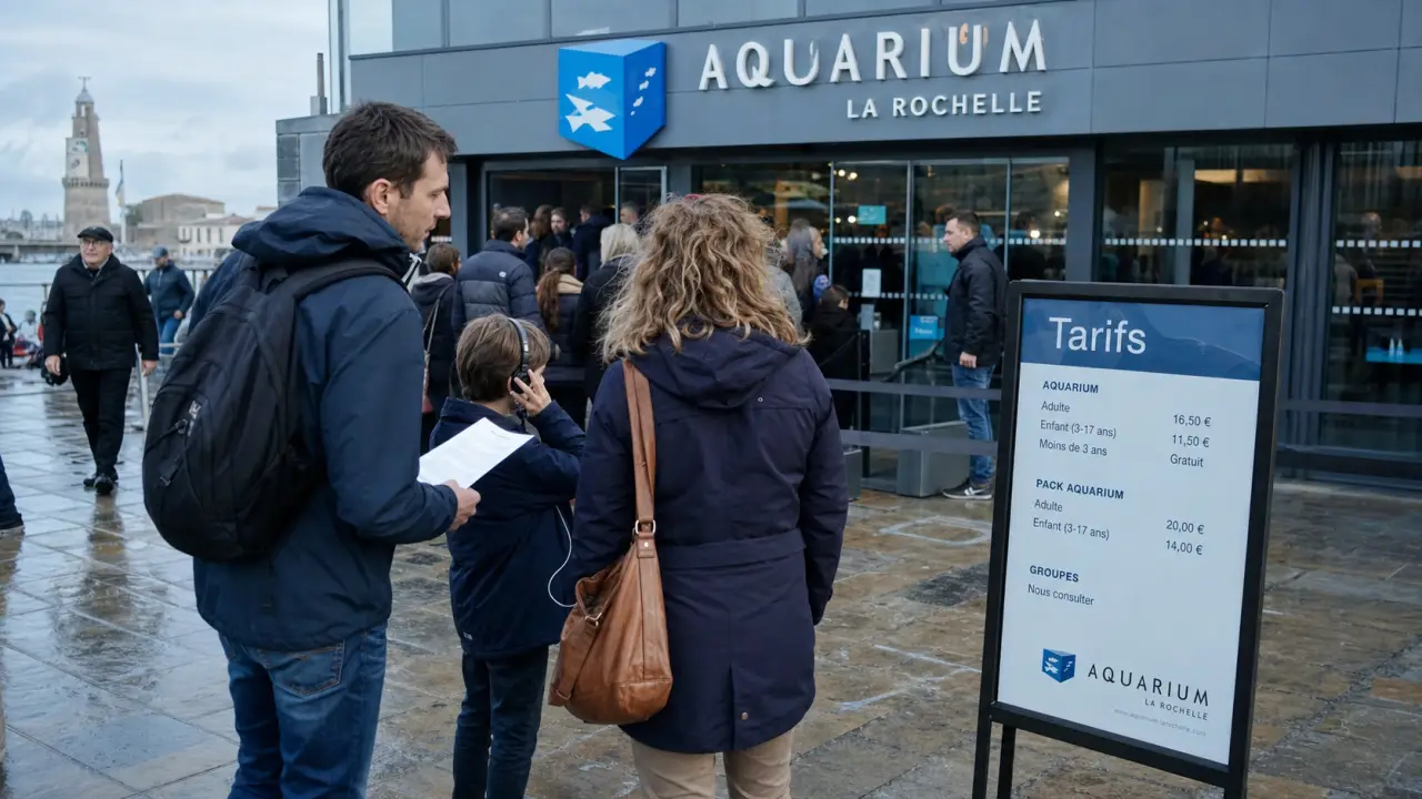 Aquarium La Rochelle tarif : famille devant les billets au Vieux Port
