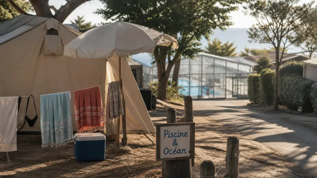 Camping la rochelle : tente dans un camping, piscine couverte et mer au loin