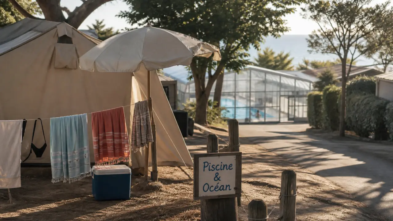 Camping la rochelle : tente dans un camping, piscine couverte et mer au loin