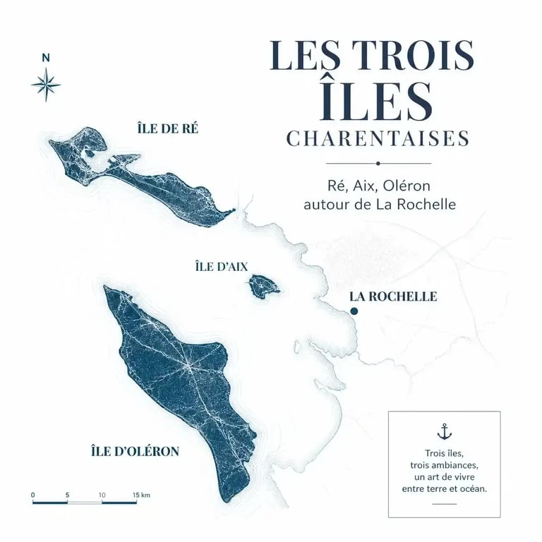Carte illustrée des îles charentaises pour une sortie en mer au départ de La Rochelle