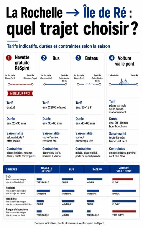 Infographie sur le tarif navette la rochelle île de ré avec comparaison des transports, prix et durées