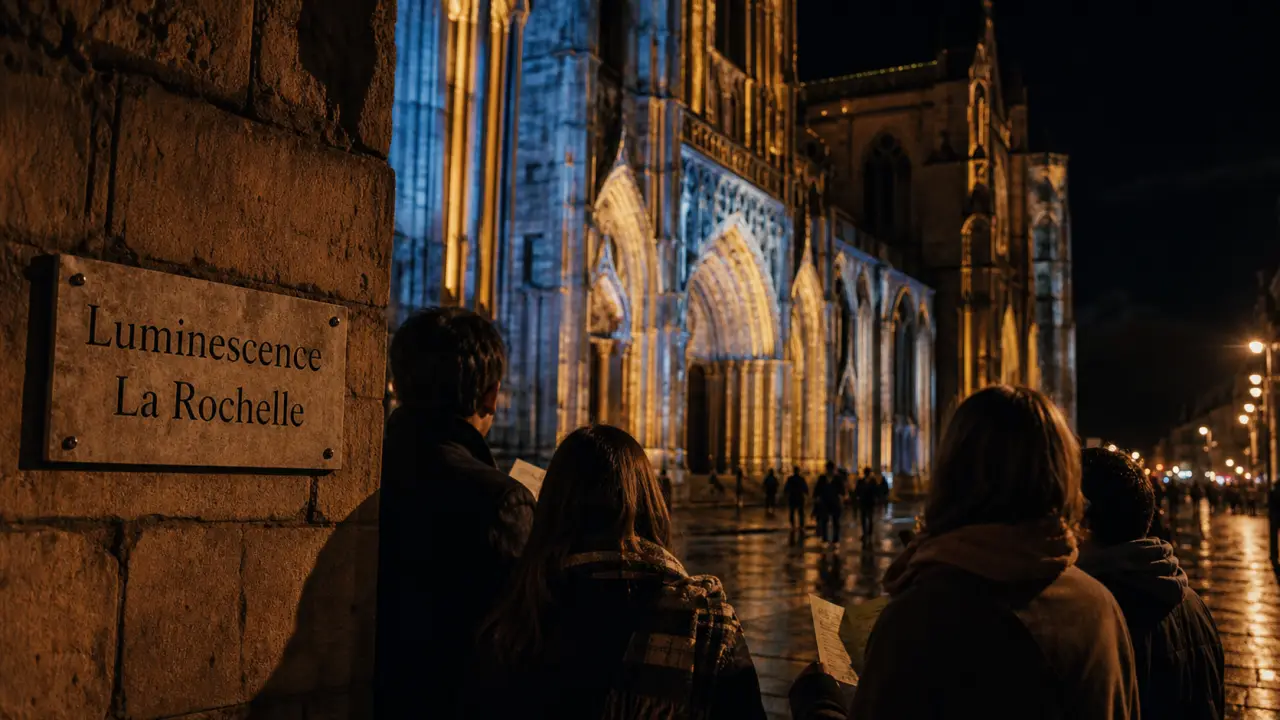 Luminescence la rochelle : visiteurs et cathédrale illuminée la nuit