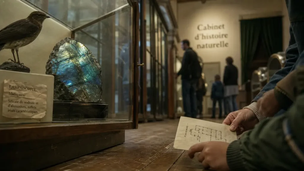 Vitrine au muséum d'histoire naturelle de La Rochelle : oiseau naturalisé et minéraux
