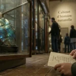 Vitrine au muséum d'histoire naturelle de La Rochelle : oiseau naturalisé et minéraux