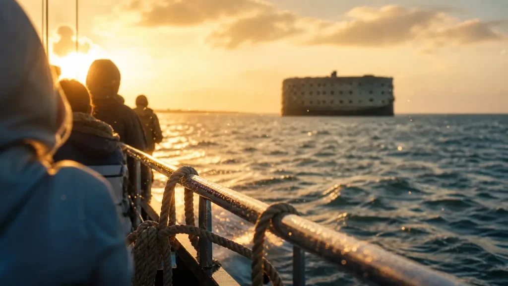 Visiter Fort Boyard depuis La Rochelle : pont de bateau et fort en mer