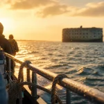 Visiter Fort Boyard depuis La Rochelle : pont de bateau et fort en mer