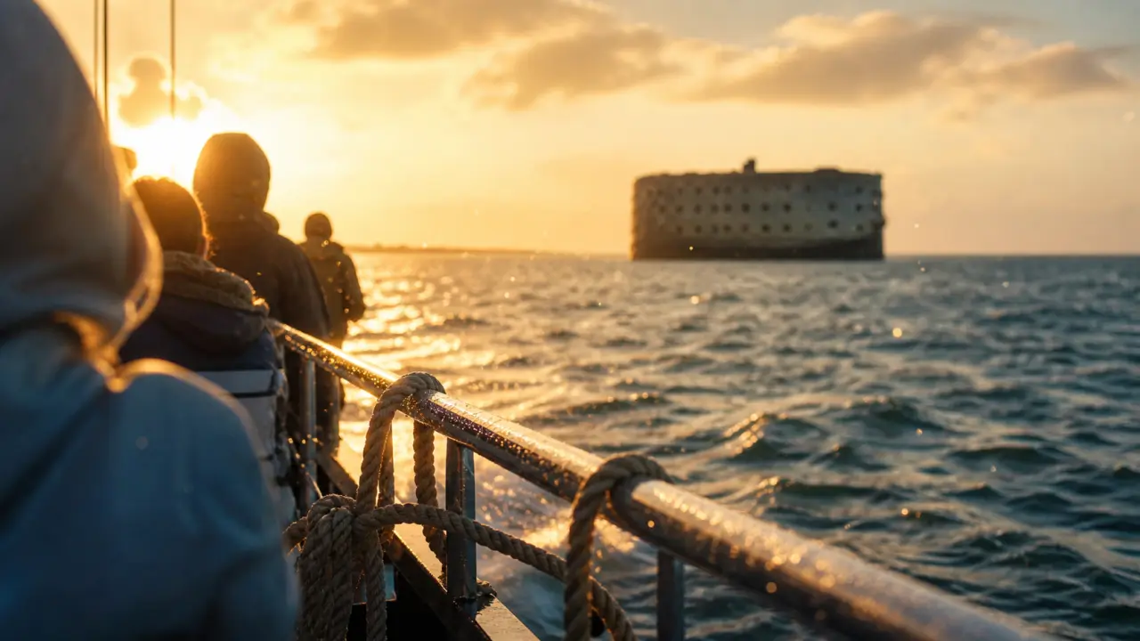 Visiter Fort Boyard depuis La Rochelle : pont de bateau et fort en mer
