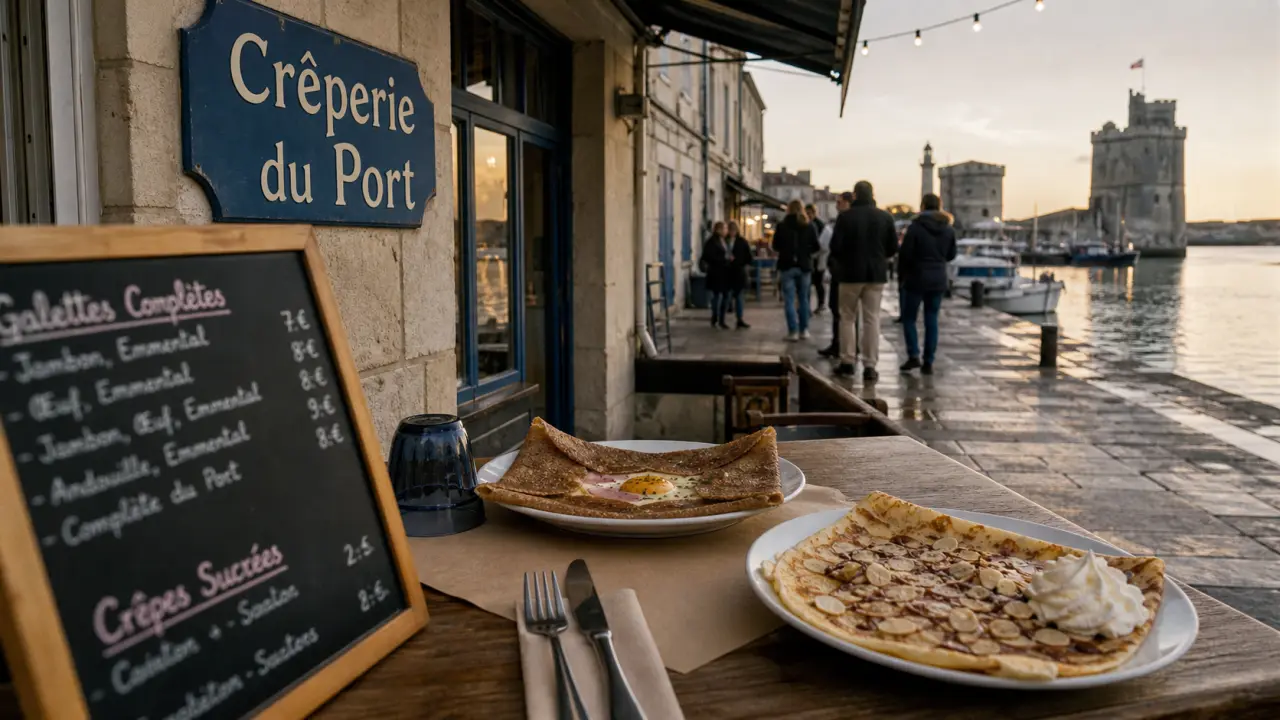 Creperie la rochelle vieux port : terrasse avec galettes au Vieux-Port