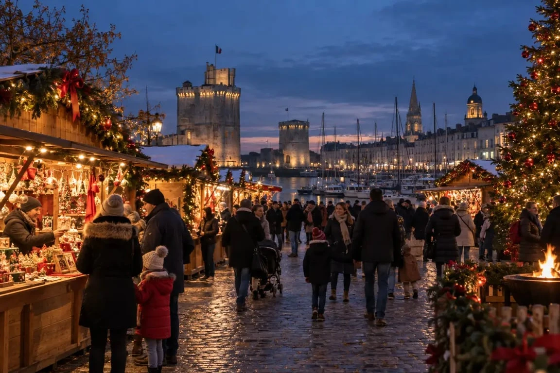 Marché de Noël à La Rochelle avec chalets illuminés et visiteurs près du centre-ville
