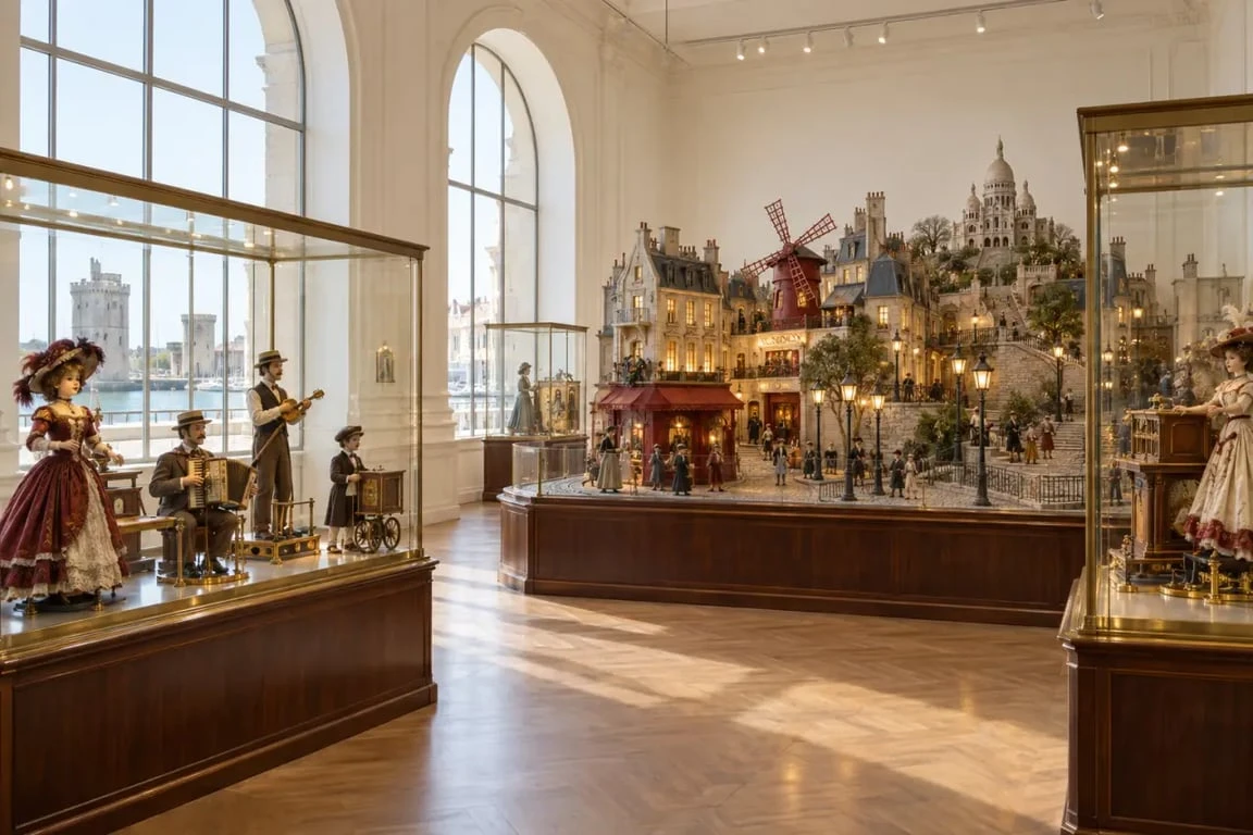 Musée des Automates de La Rochelle avec vitrines animées et personnages miniatures