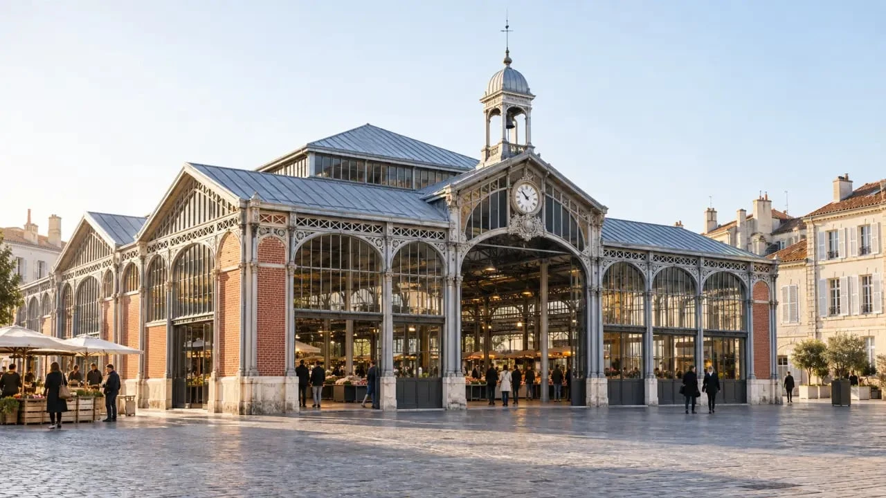 Vue extérieure des Halles de La Rochelle, marché central de la Place du Marché