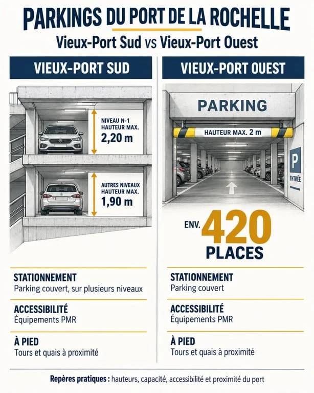 Infographie comparative des parkings du port de La Rochelle Vieux-Port Sud et Vieux-Port Ouest