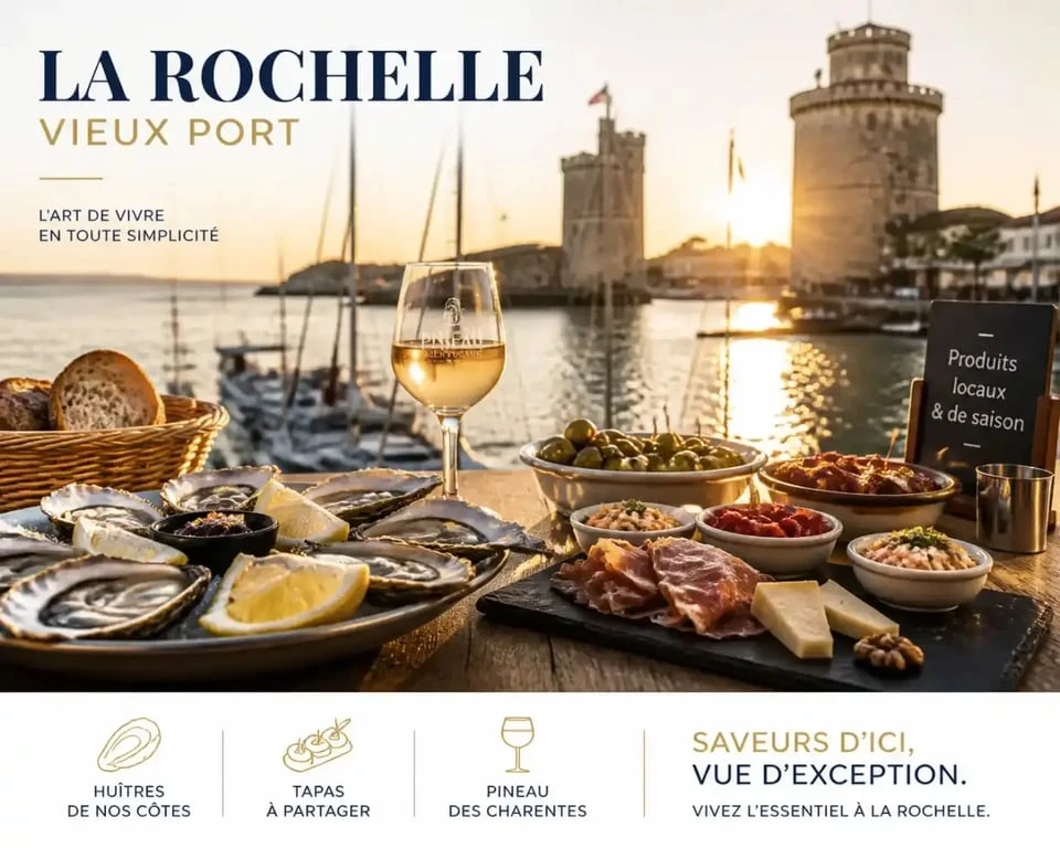 Table de bar à tapas sur le Vieux Port de La Rochelle avec vue sur les tours médiévales