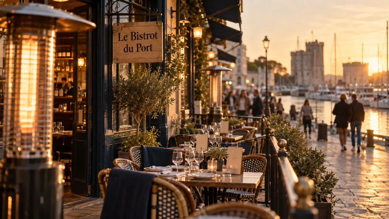 Le bistrot du port la rochelle : terrasse chauffée au Quai Duperré, vue du port