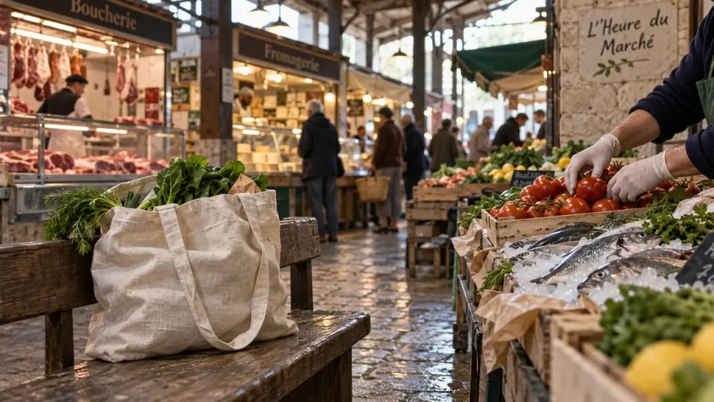 l'heure du marché la rochelle : étals en halle alimentaire, achats au comptoir