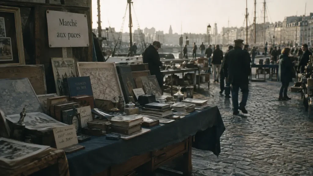 Marché aux puces La Rochelle : stands de livres et passants sur place