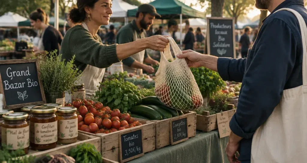 Marché bio la rochelle : étal Grand Bazar Bio à Laleu, bocaux et légumes zéro déchet