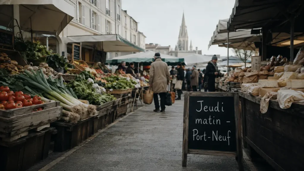 Marché port neuf La Rochelle jeudi matin, étals et légumes