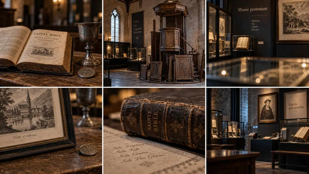 Musée protestant de la rochelle : intérieur du temple et objets du culte huguenots