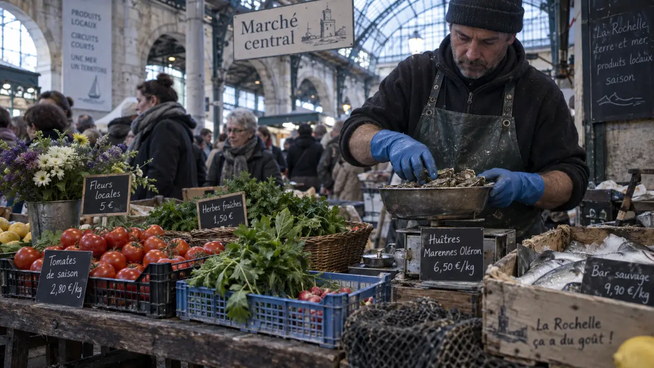 Grand marché La Rochelle : étal sous les Halles