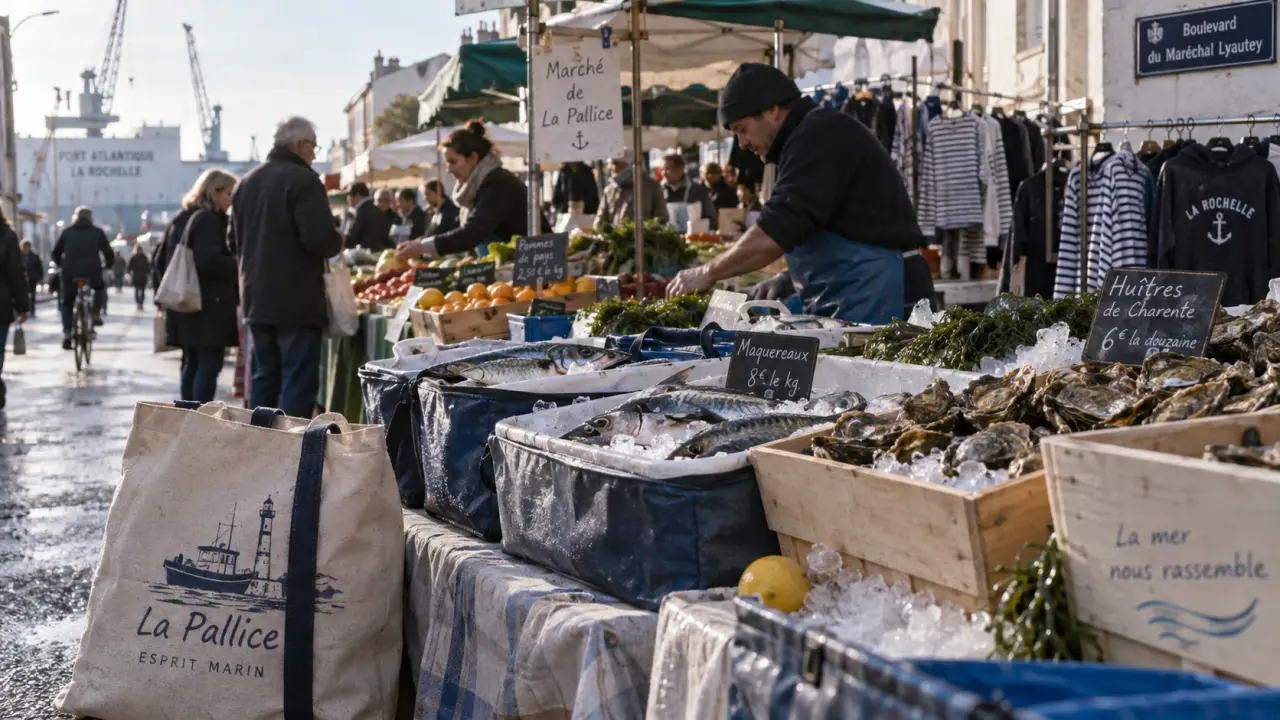 Marché de la pallice la rochelle : étal poissons et huîtres, dimanche matin