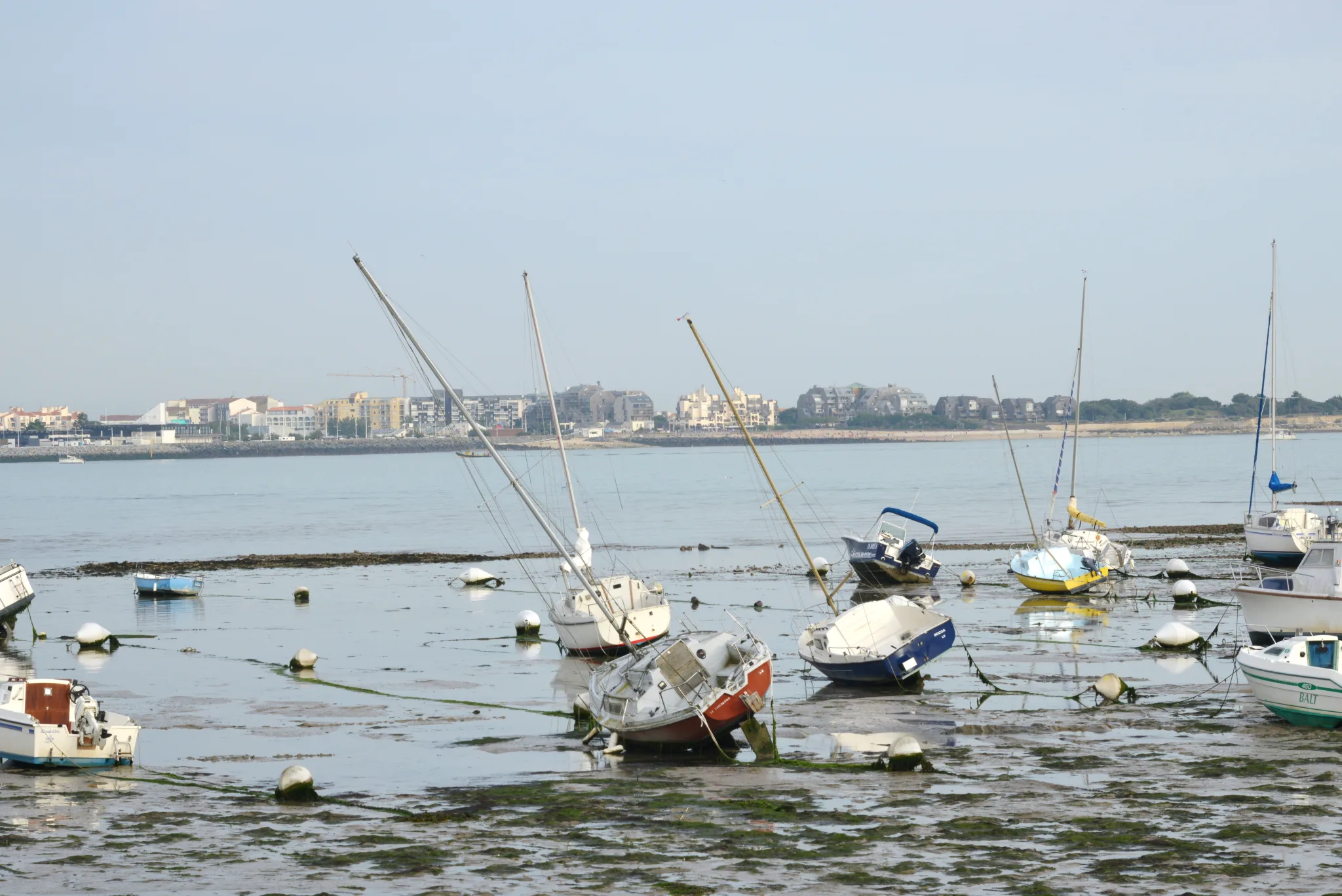 Le port de plaisance de Port-Neuf à marée basse. Le marché du quartier se trouve place de l’Île de France.